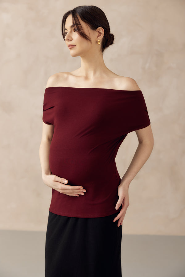 JOCELYN COWL NECK PULL DOWN NURSING TEE WINE RED