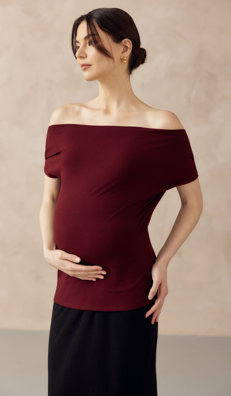 JOCELYN COWL NECK PULL DOWN NURSING TEE WINE RED