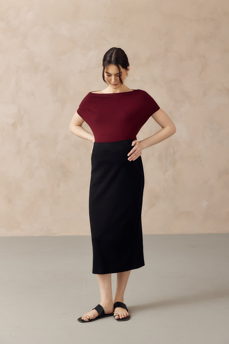 CLAUDE RIBBED KNIT PENCIL SKIRT BLACK