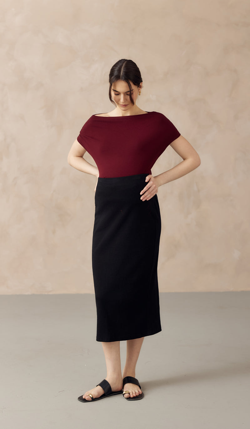 CLAUDE RIBBED KNIT PENCIL SKIRT BLACK