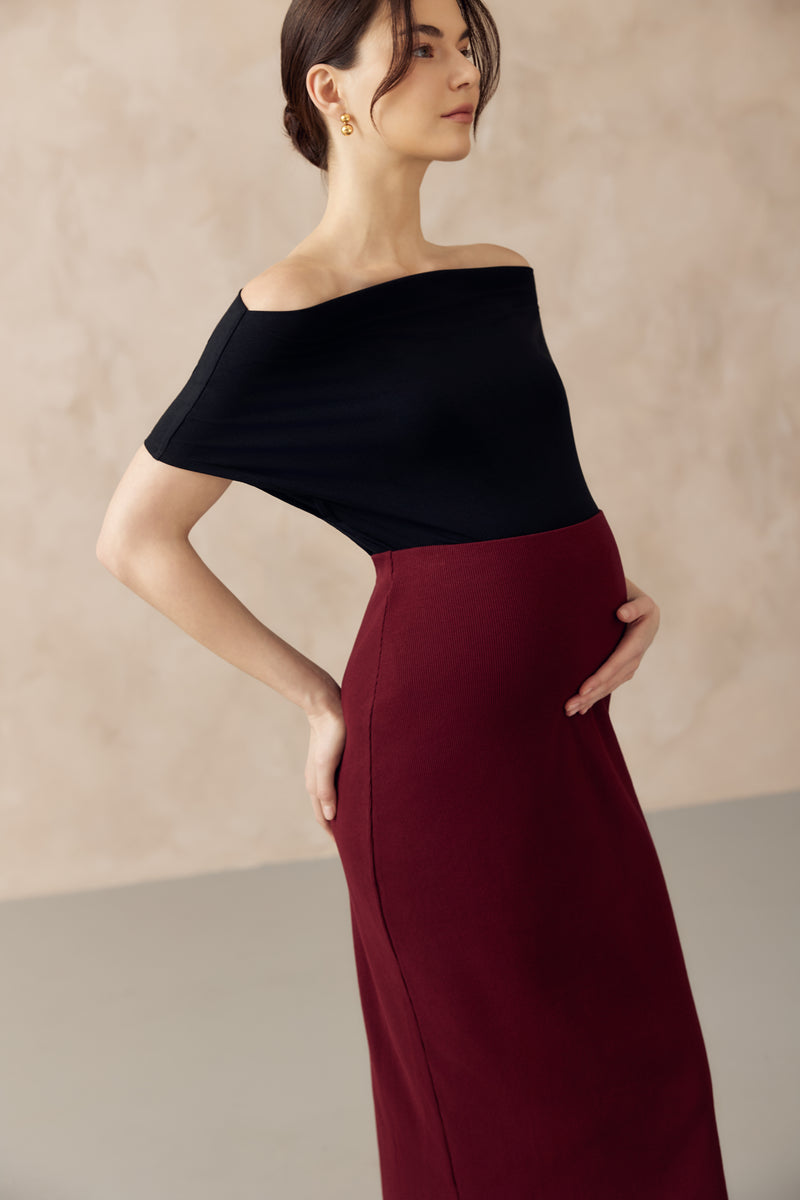 CLAUDE RIBBED KNIT PENCIL SKIRT BURGUNDY