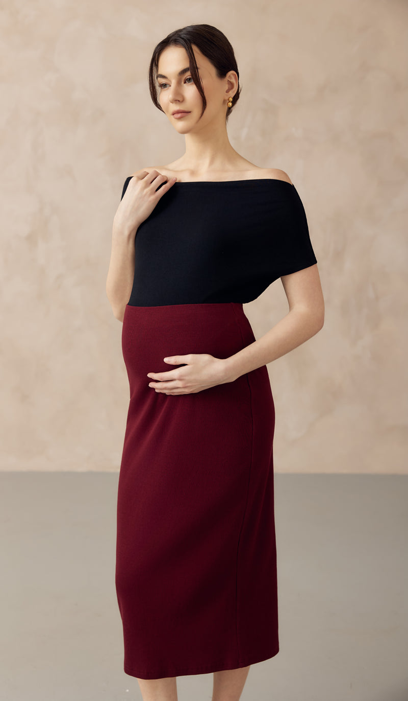 CLAUDE RIBBED KNIT PENCIL SKIRT BURGUNDY