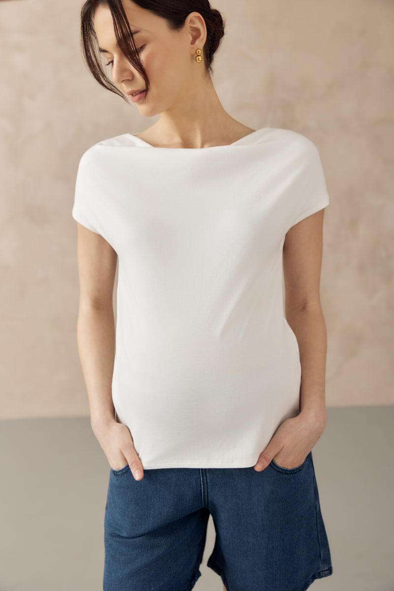 JOCELYN COWL NECK PULL DOWN NURSING TEE WHITE