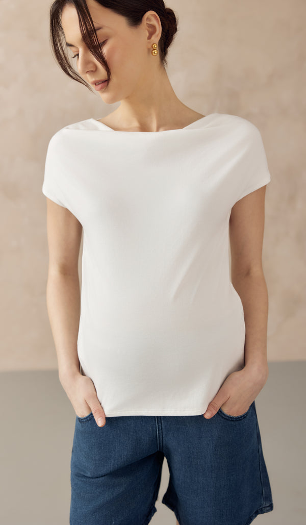 JOCELYN COWL NECK PULL DOWN NURSING TEE WHITE