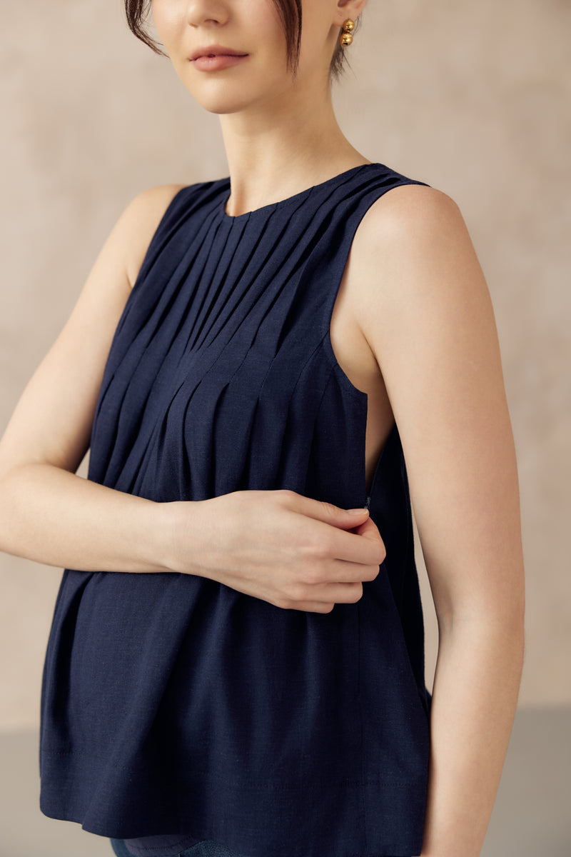 SHILLA LINEN PLEATED TOP NAVY