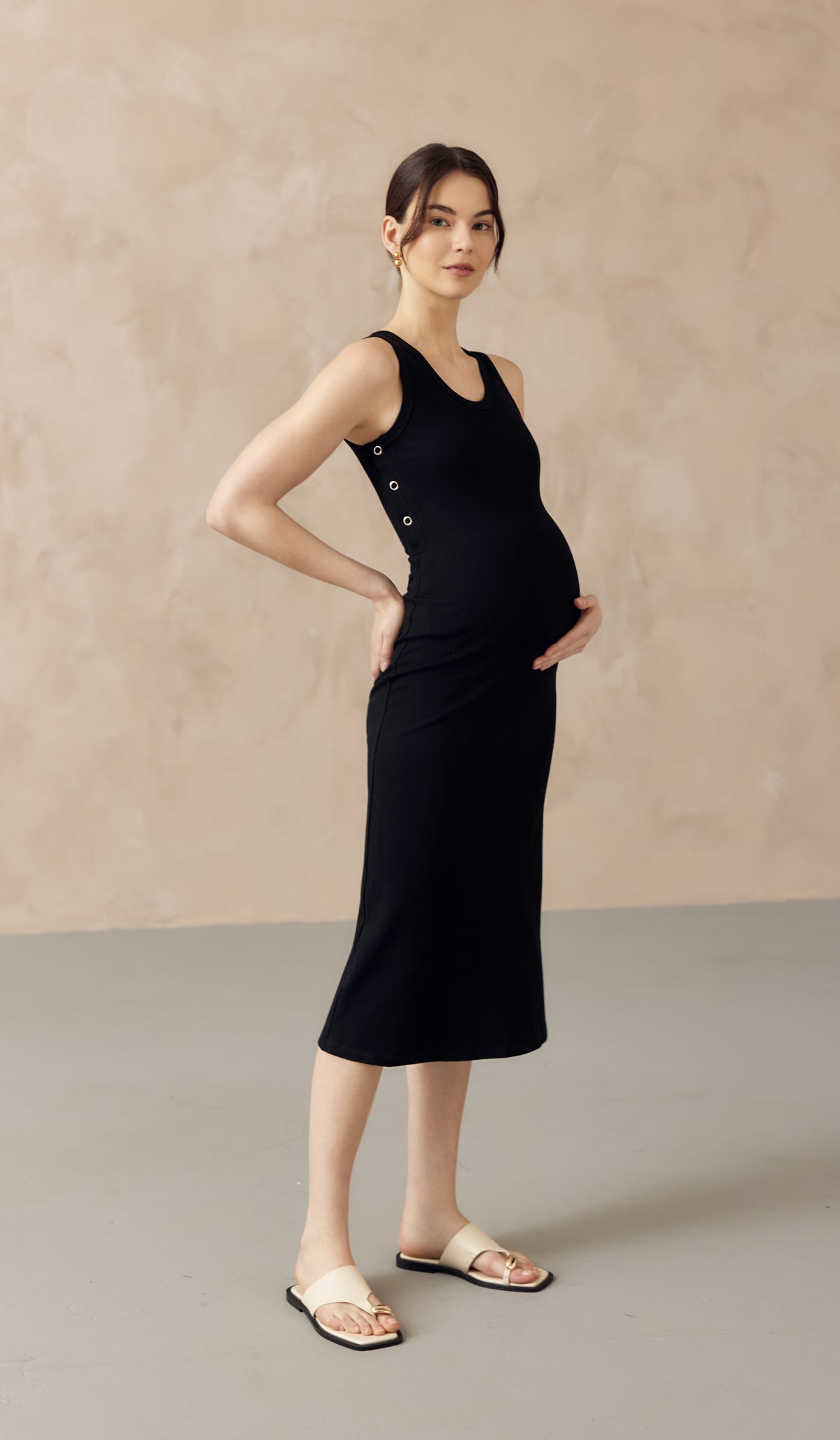ADELIA RIBBED KNIT NURSING MIDI DRESS BLACK