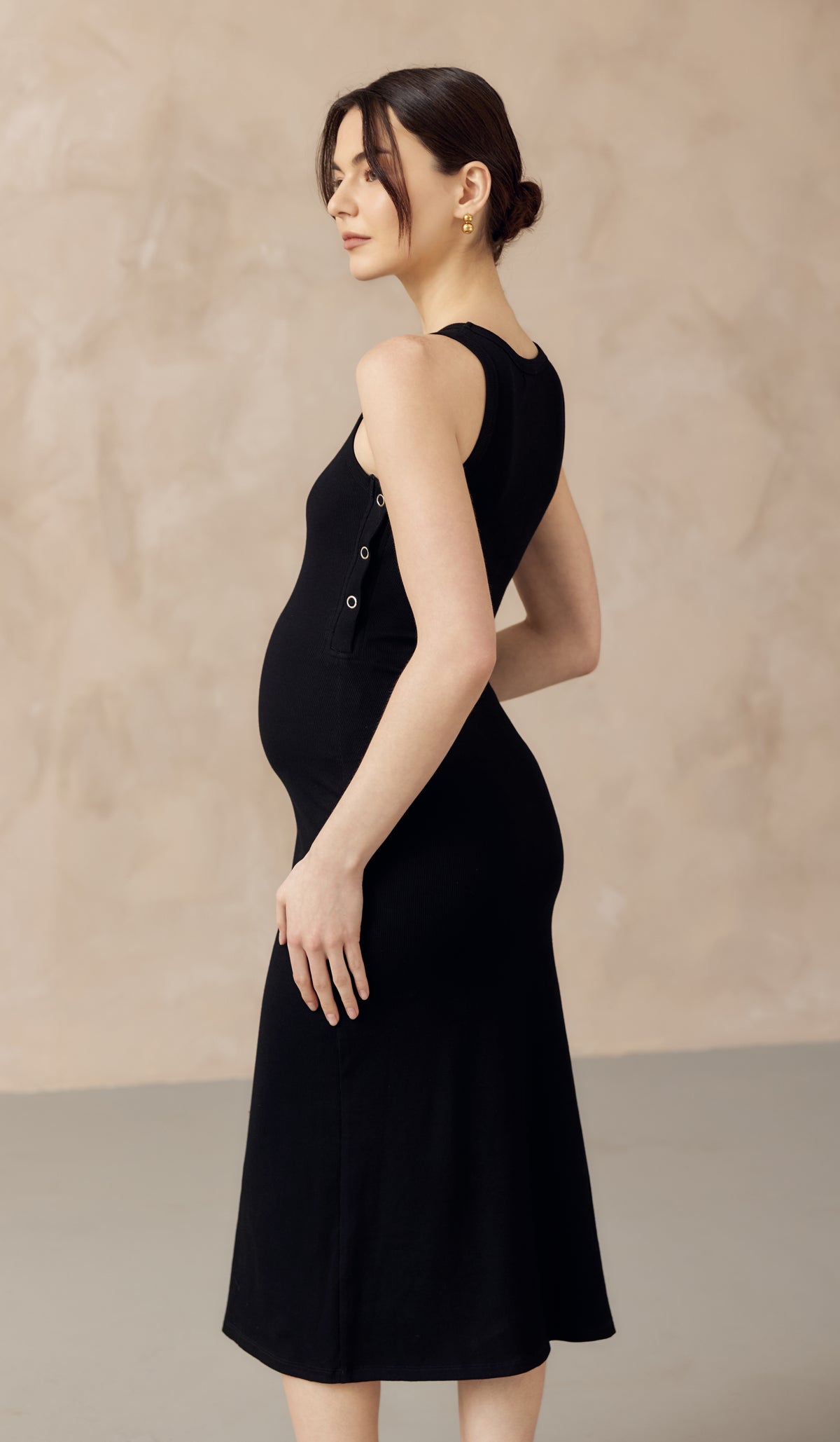 ADELIA RIBBED KNIT NURSING MIDI DRESS BLACK