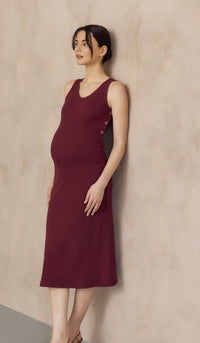 ADELIA RIBBED KNIT NURSING MIDI DRESS WINE RED