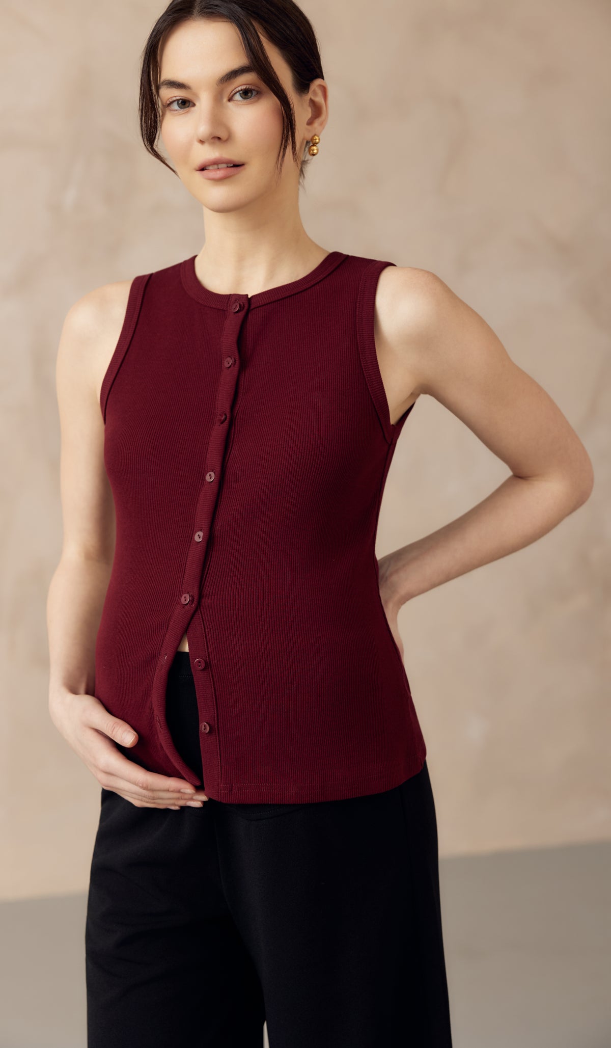 CLARESSA BUTTONDOWN RIBBED KNIT TANK TOP BURGUNDY