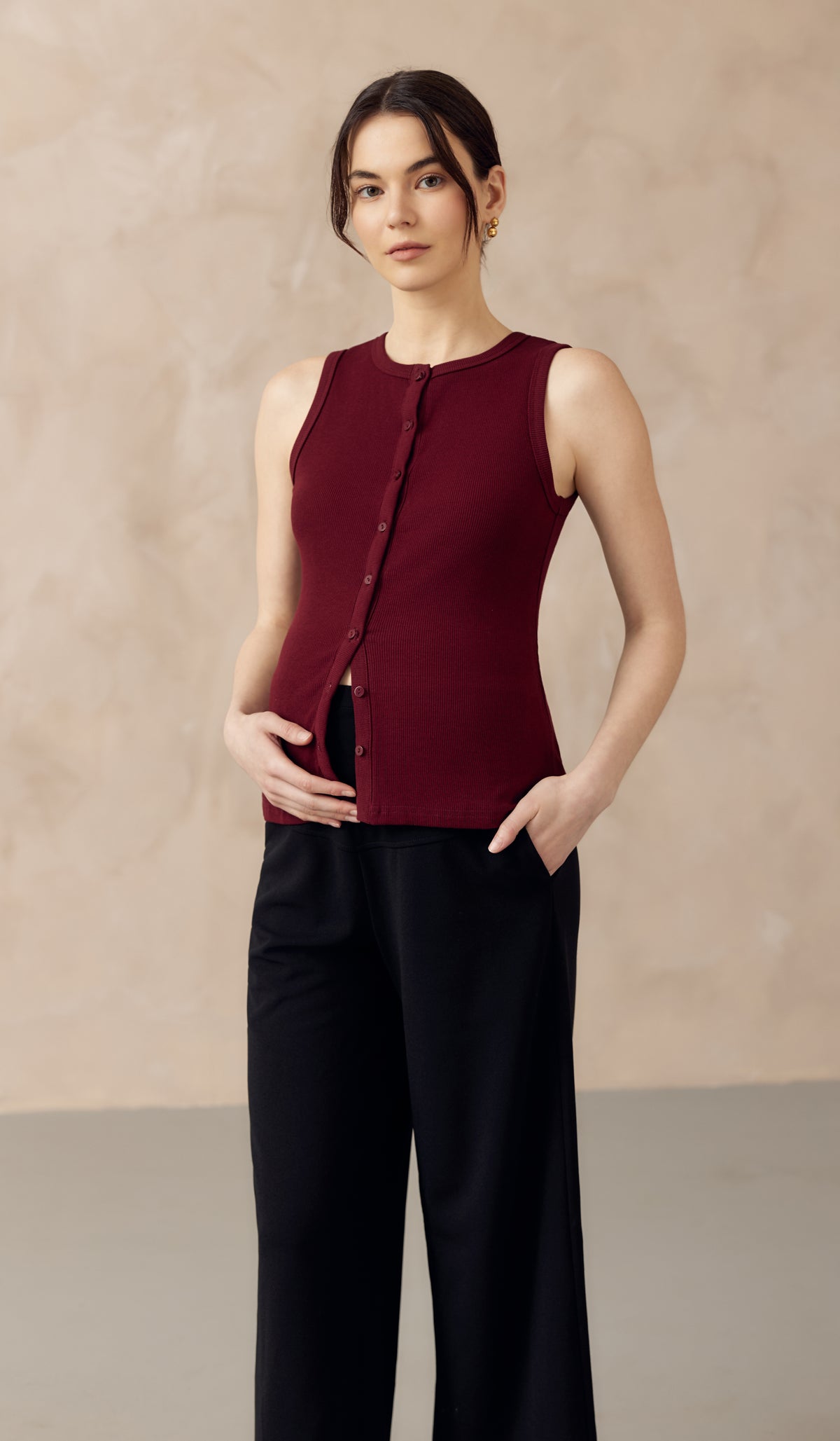 CLARESSA BUTTONDOWN RIBBED KNIT TANK TOP BURGUNDY