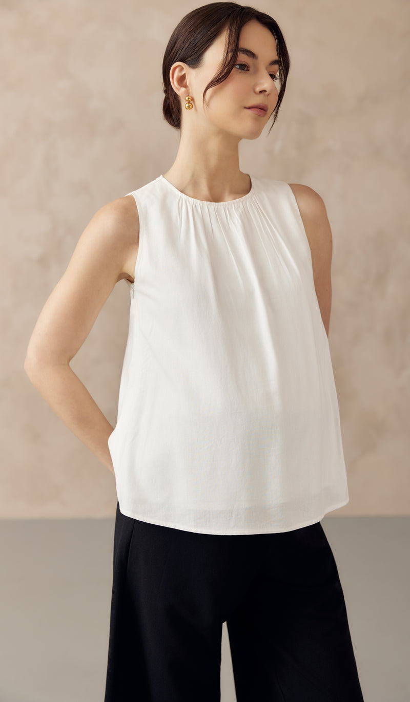 ALLANA RUCHED LINEN TOP WHITE