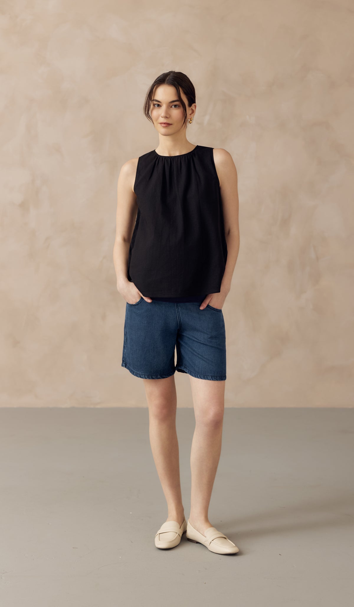 ALLANA RUCHED LINEN TOP BLACK