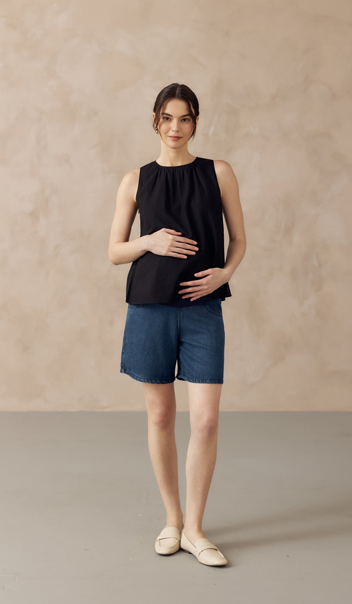 ALLANA RUCHED LINEN TOP BLACK