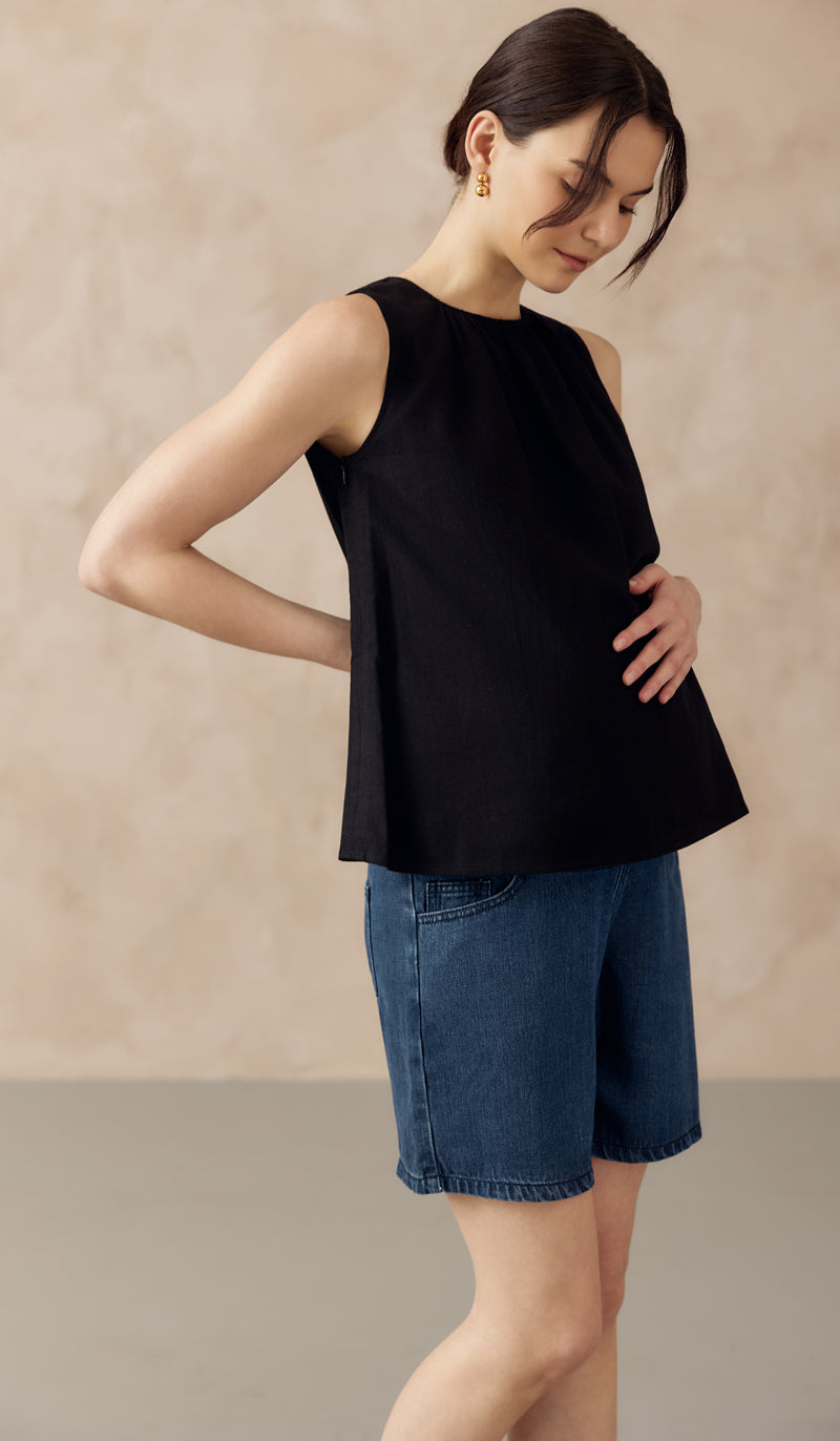 ALLANA RUCHED LINEN TOP BLACK