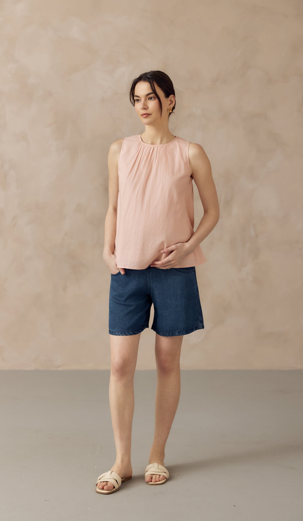 ALLANA RUCHED LINEN TOP LIGHT PINK