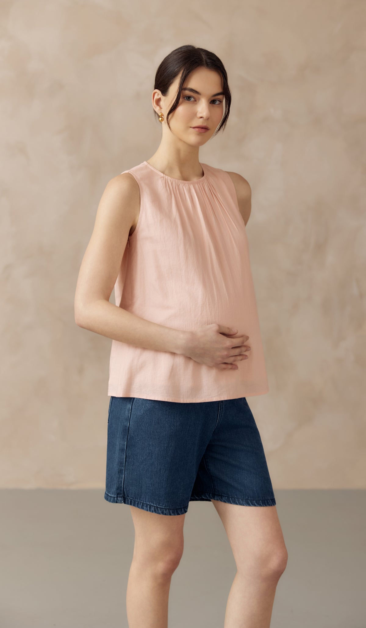 ALLANA RUCHED LINEN TOP LIGHT PINK