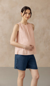 ALLANA RUCHED LINEN TOP LIGHT PINK
