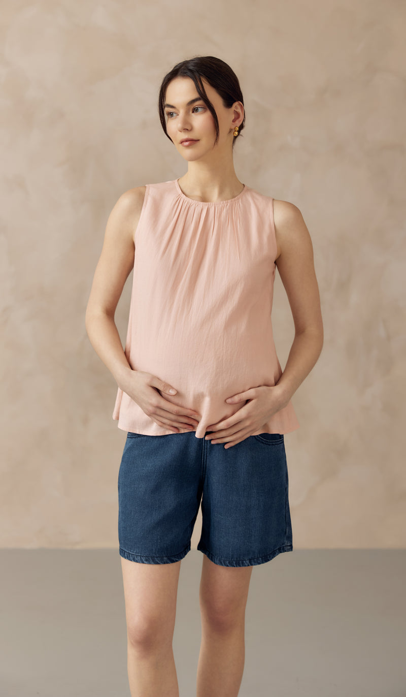 ALLANA RUCHED LINEN TOP LIGHT PINK