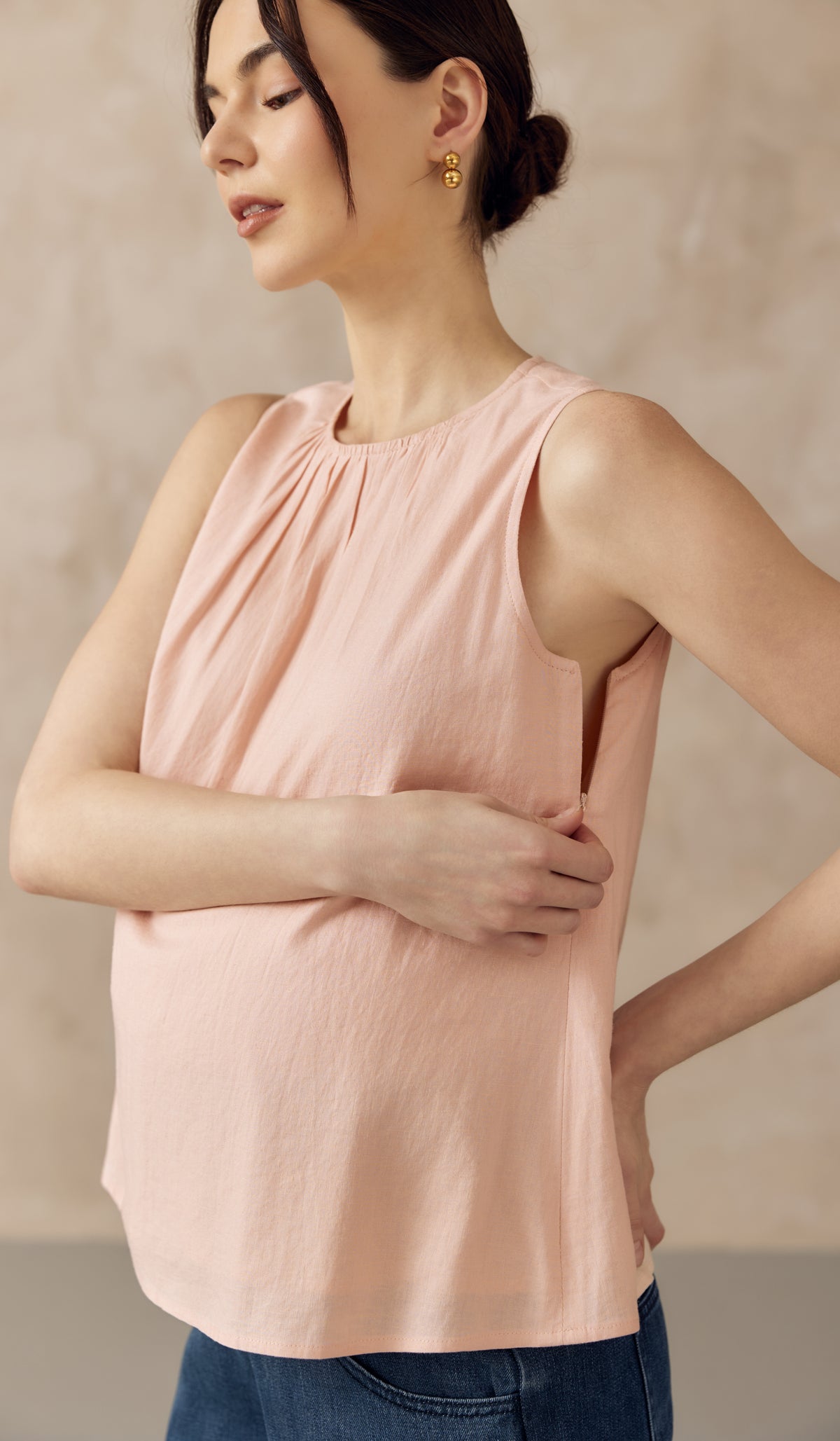 ALLANA RUCHED LINEN TOP LIGHT PINK