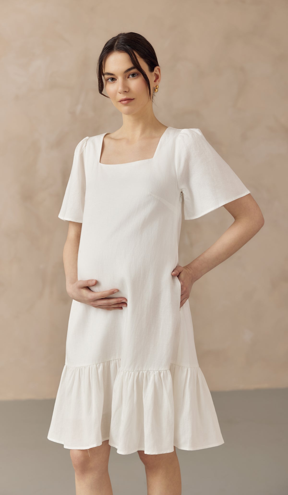 CARLINA NURSING LINEN DRESS W SIDE ZIPS WHITE