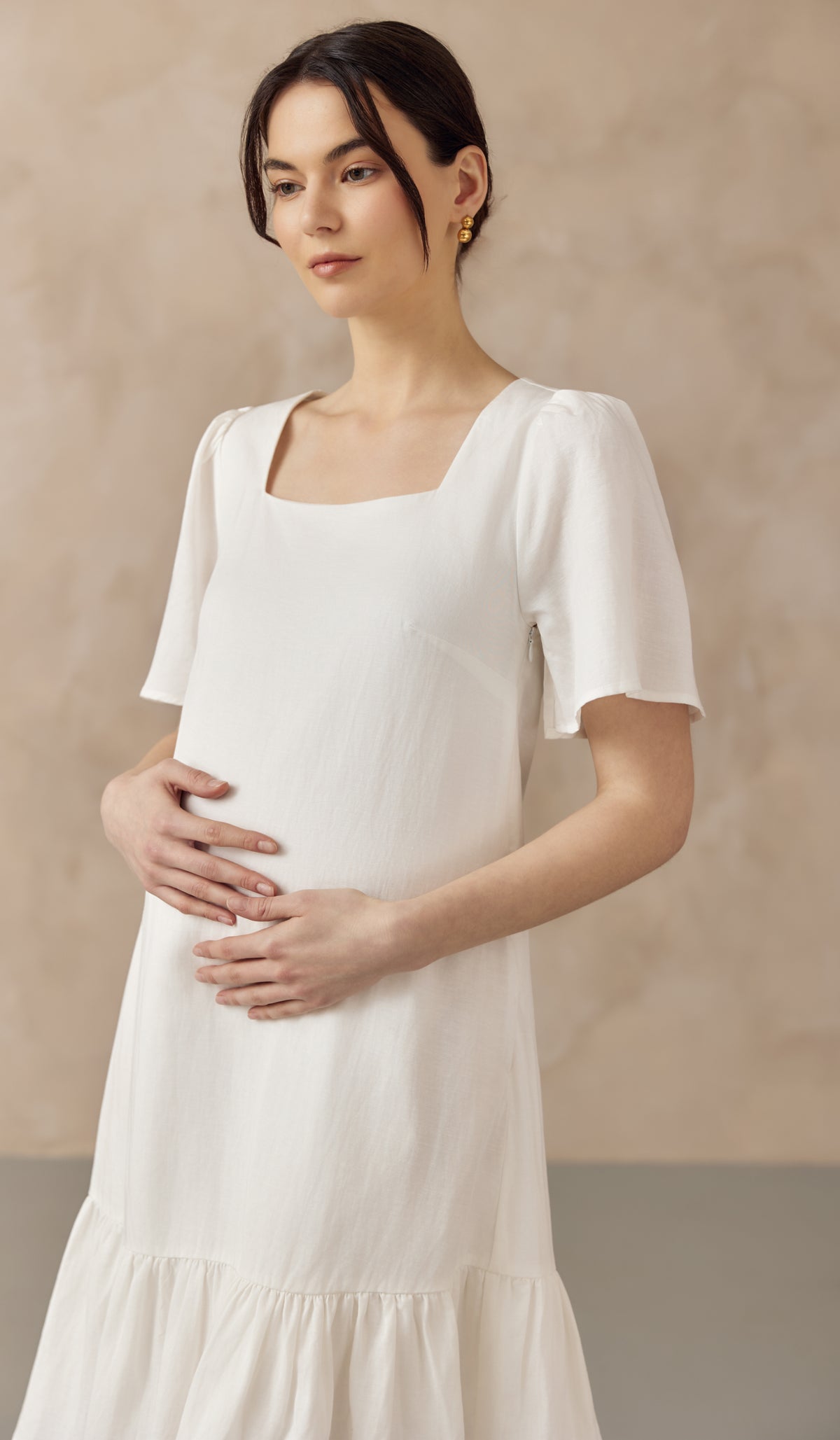 CARLINA NURSING LINEN DRESS W SIDE ZIPS WHITE