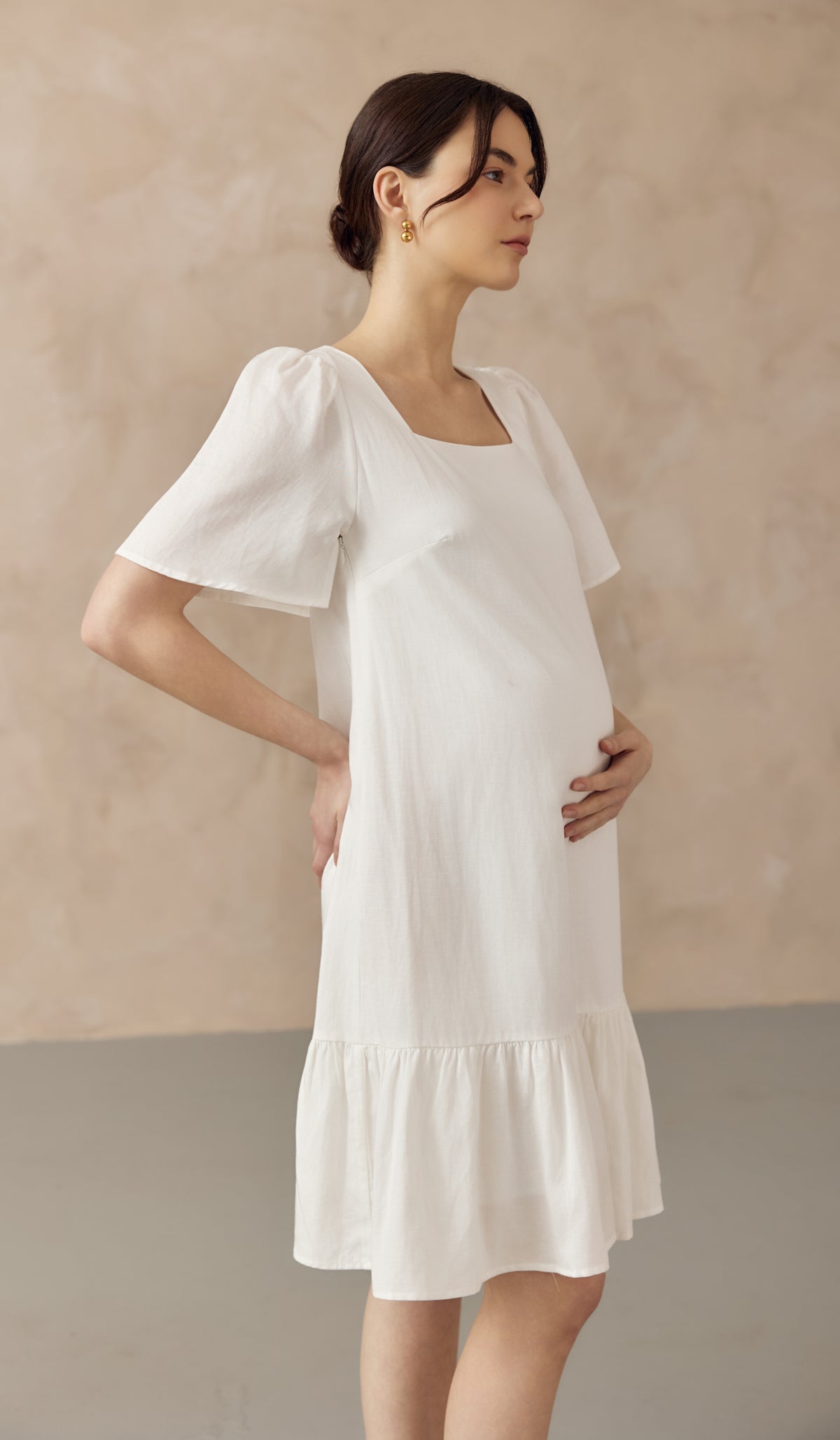 CARLINA NURSING LINEN DRESS W SIDE ZIPS WHITE