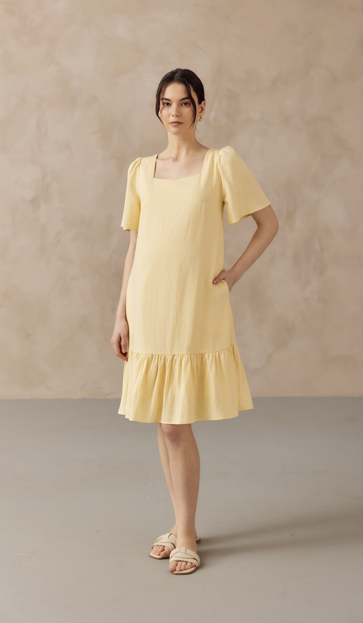 CARLINA NURSING LINEN DRESS W SIDE ZIPS BUTTER YELLOW