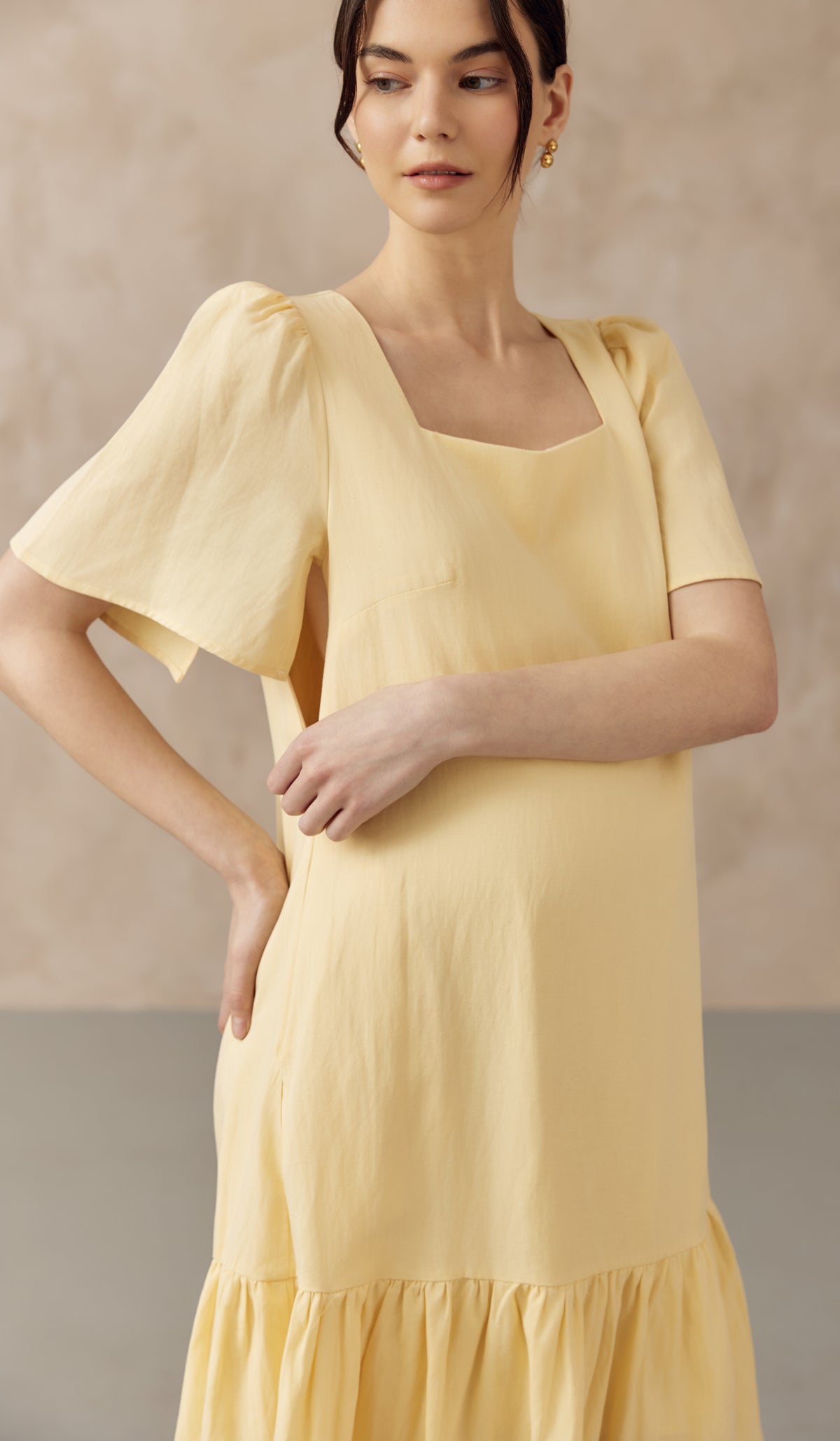CARLINA NURSING LINEN DRESS W SIDE ZIPS BUTTER YELLOW