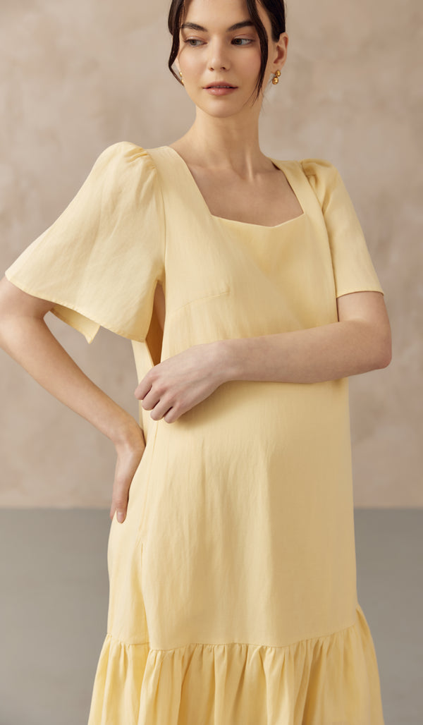 CARLINA NURSING LINEN DRESS W SIDE ZIPS BUTTER YELLOW