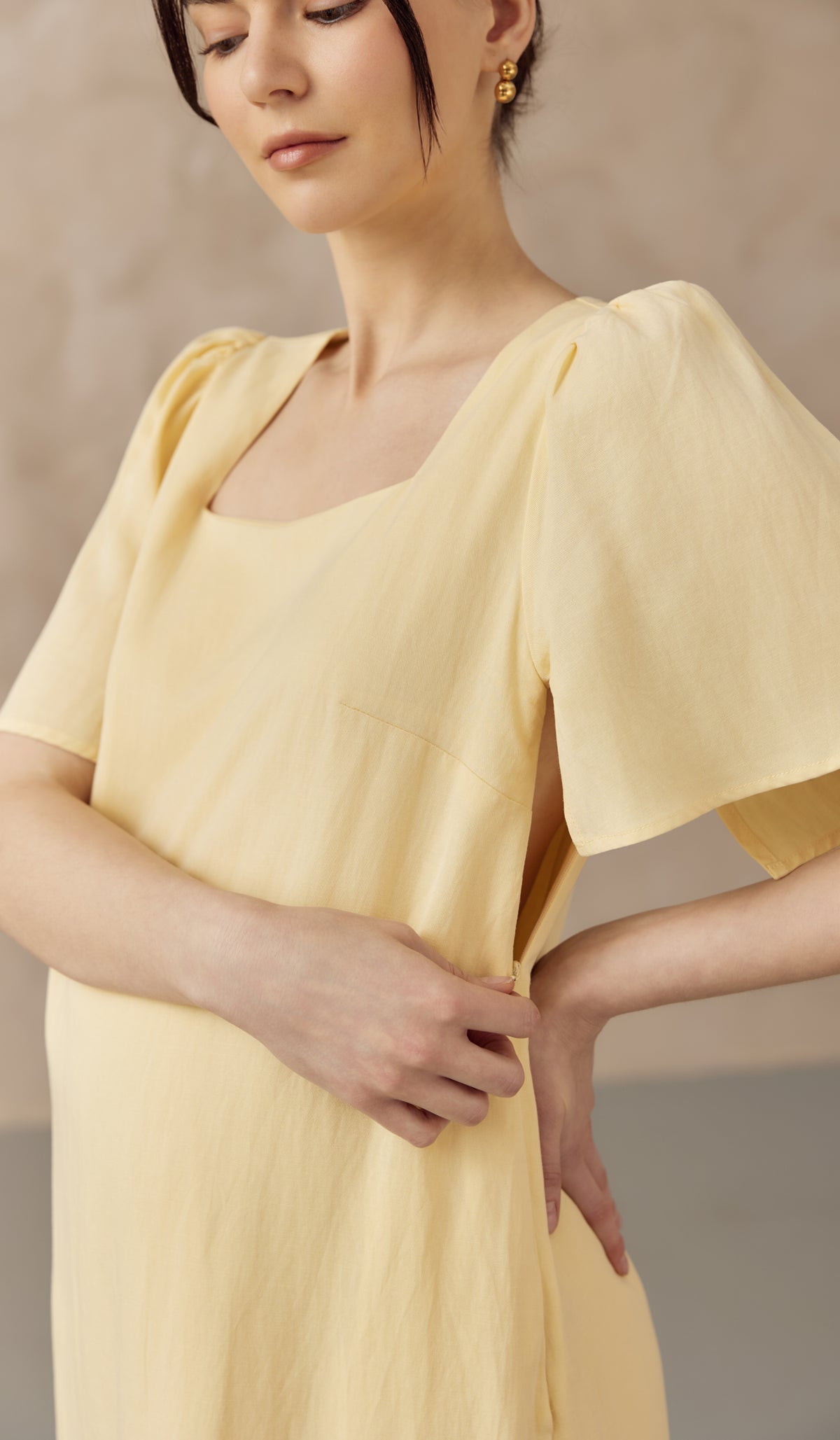 CARLINA NURSING LINEN DRESS W SIDE ZIPS BUTTER YELLOW
