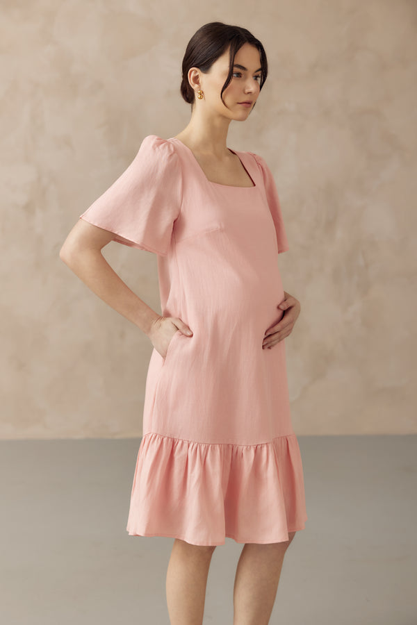 CARLINA NURSING LINEN DRESS W SIDE ZIPS LIGHT PINK