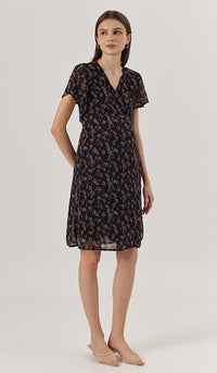 LEORA FLORAL WRAP DRESS BLACK