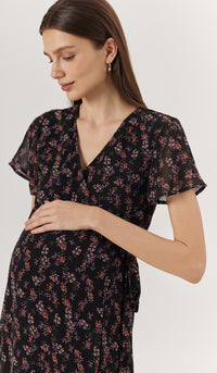 LEORA FLORAL WRAP DRESS BLACK