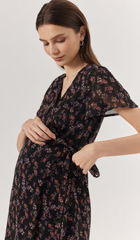 LEORA FLORAL WRAP DRESS BLACK