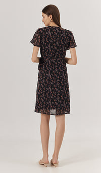 LEORA FLORAL WRAP DRESS BLACK