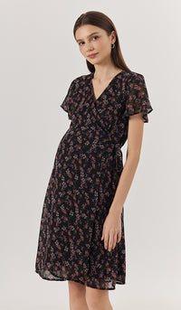 LEORA FLORAL WRAP DRESS BLACK