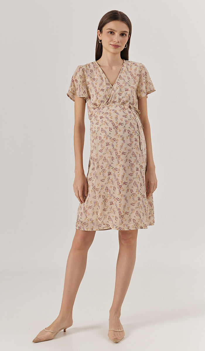 LEORA FLORAL WRAP DRESS CREAM