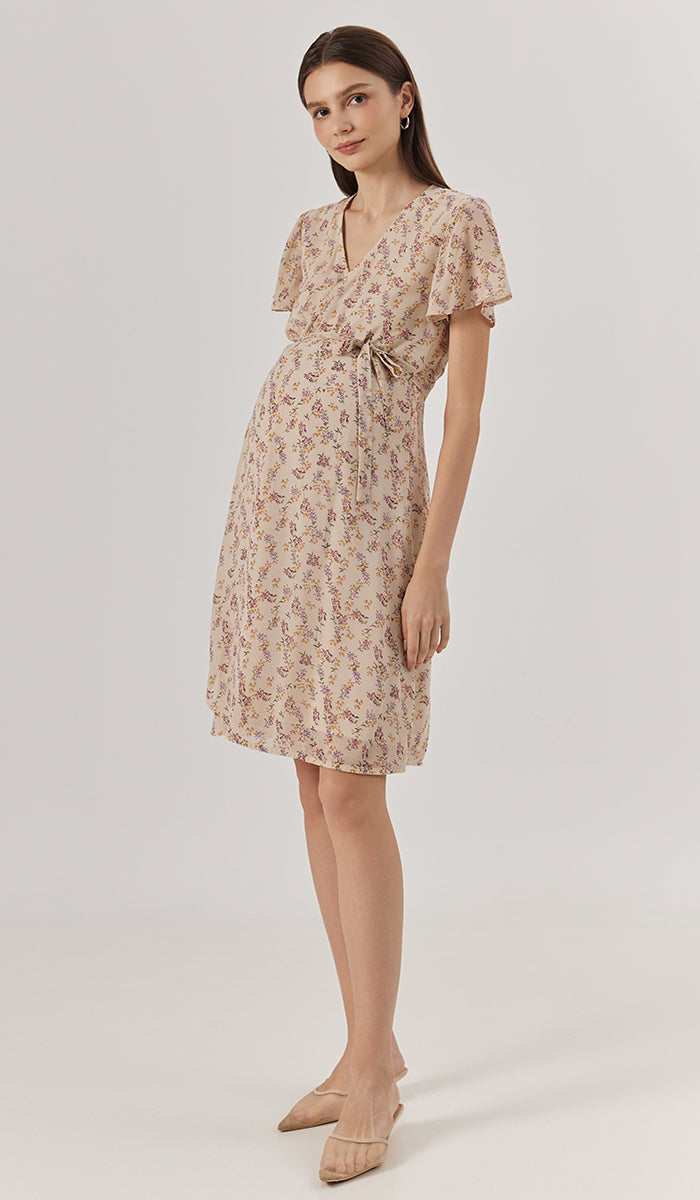 LEORA FLORAL WRAP DRESS CREAM