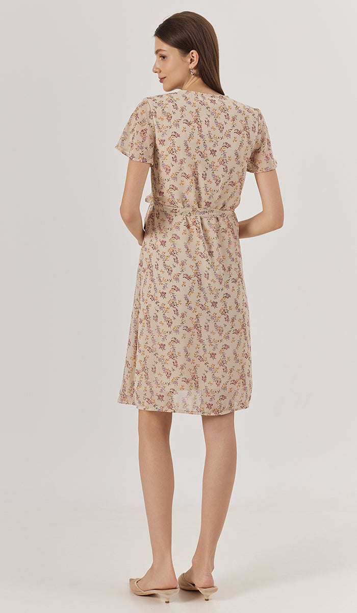 LEORA FLORAL WRAP DRESS CREAM