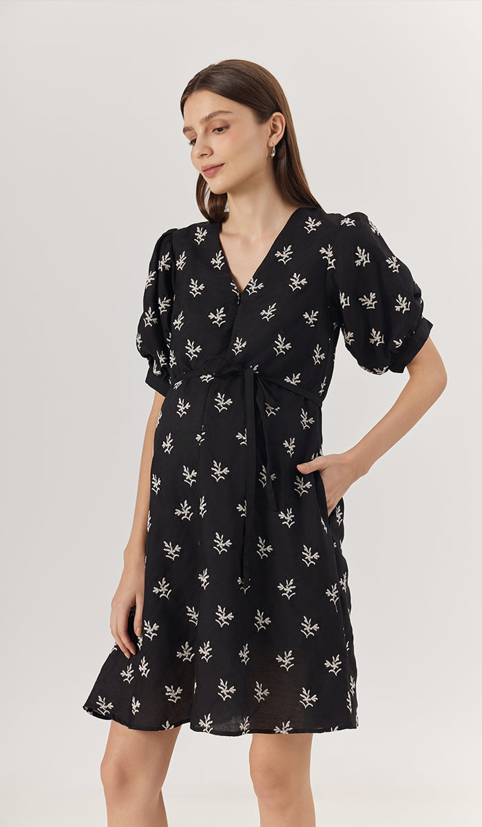 NAMI EMBROIDERY NURSING DRESS BLACK