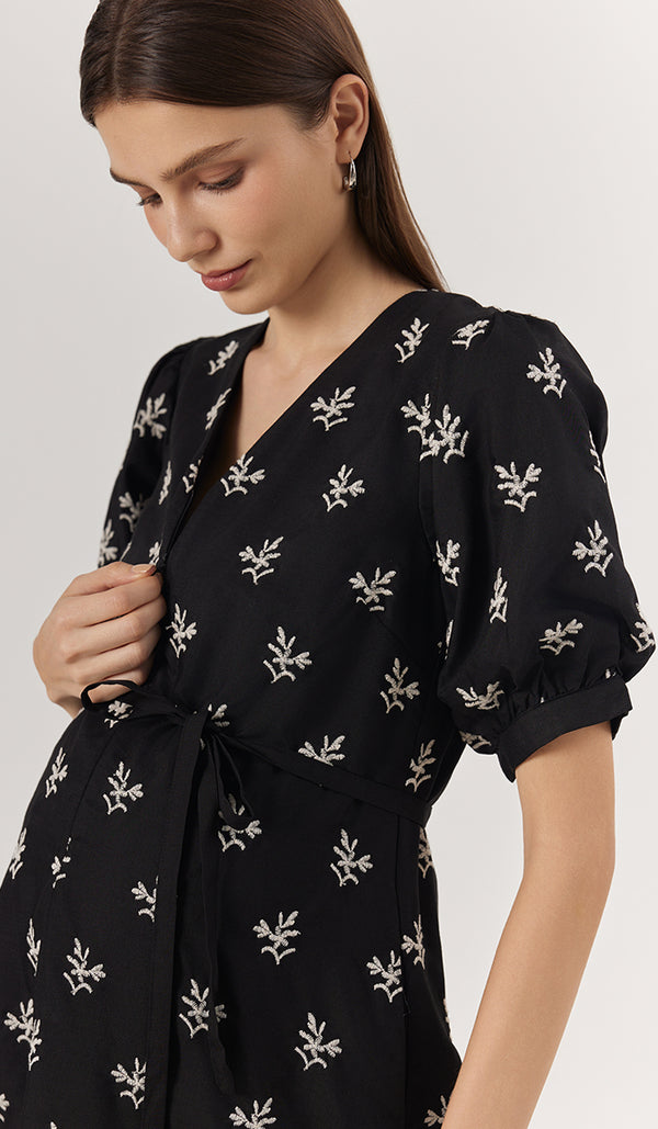 NAMI EMBROIDERY NURSING DRESS BLACK