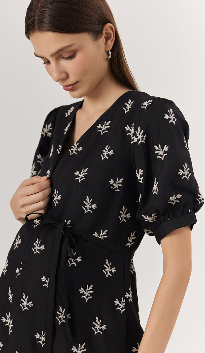 NAMI EMBROIDERY NURSING DRESS BLACK