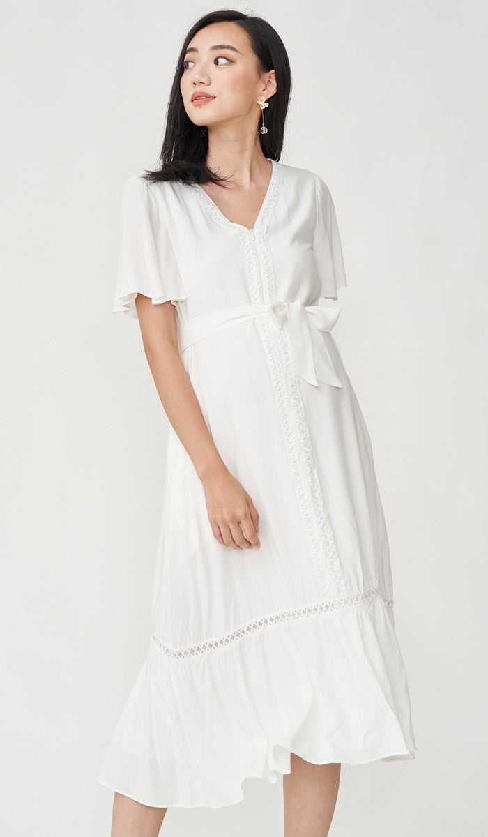 CAROLLE CROCHET TRIM NURSING DRESS WHITE