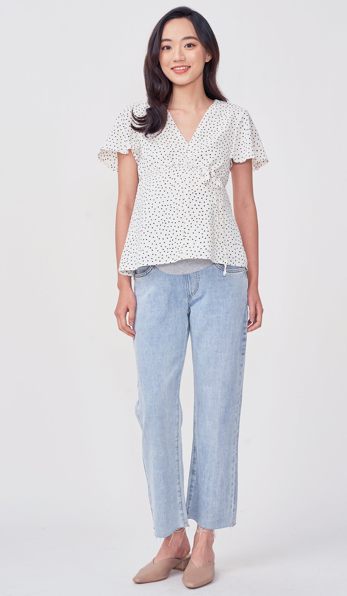 BREA DOTTED FRONT ZIP NURSING TOP WHITE