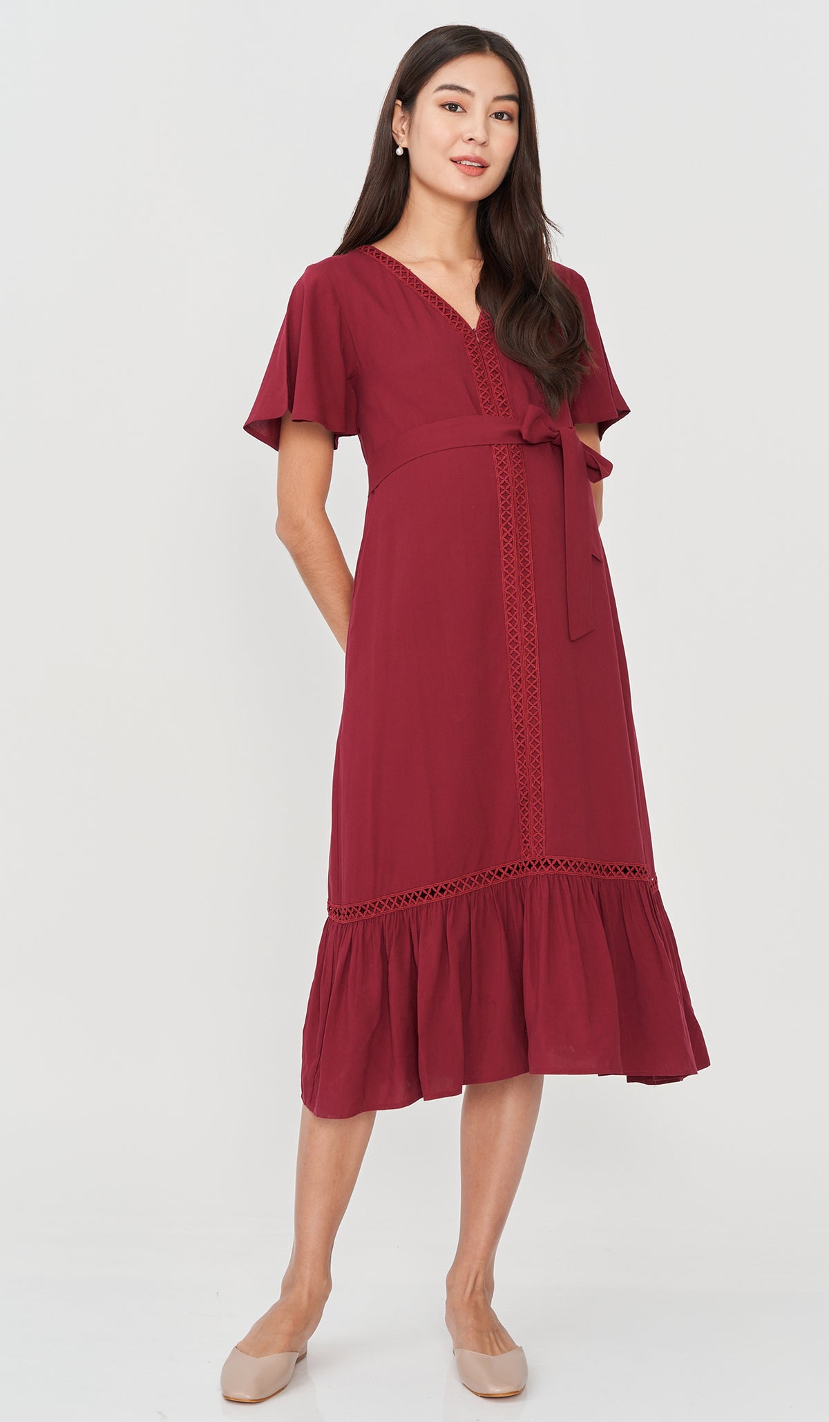 CAROLLE CROCHET TRIM NURSING DRESS RED