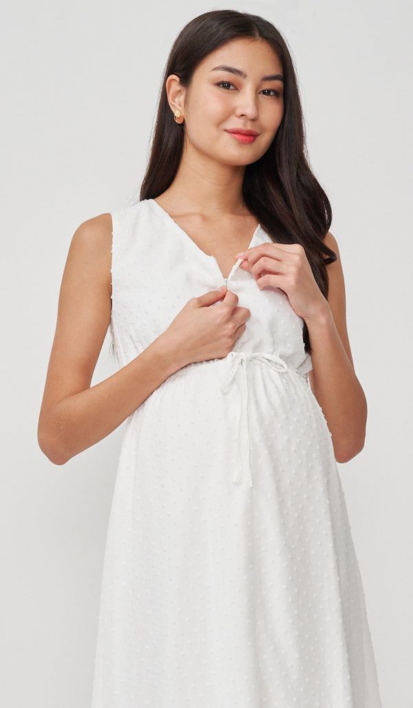 SALE -  CORA SWISS DOT NURSING MIDI DRESS WHITE