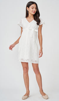 IRINA CROCHET FRONT ZIP NURSING DRESS WHITE