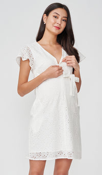 IRINA CROCHET FRONT ZIP NURSING DRESS WHITE