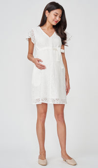 IRINA CROCHET FRONT ZIP NURSING DRESS WHITE