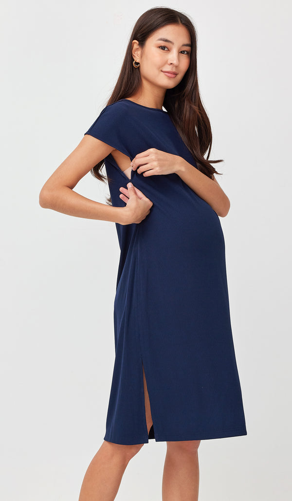 MAYA RIBBED NURSING DRESS NAVY